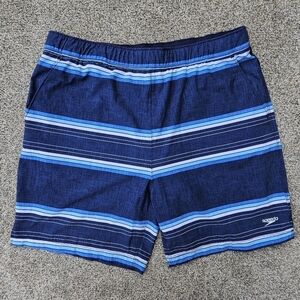 Speedo Tech Volley Men's Swim Trunks Shorts Peacock Blue Striped Shorts Large